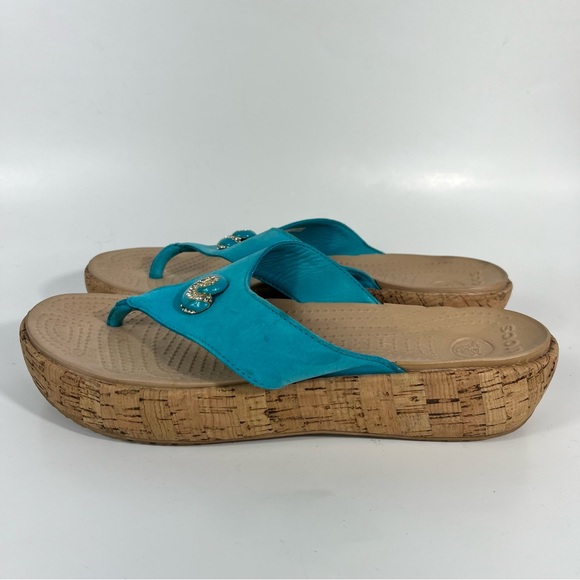 Crocs Womens Seashell Rhinestone Charm Turquoise Blue Thong Flop Flop Sandals 10 - Picture 3 of 5